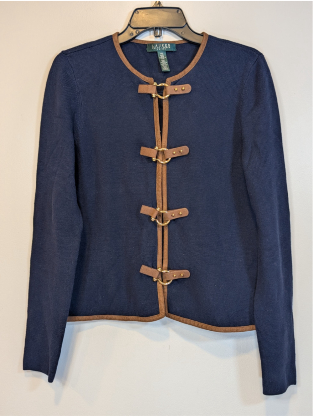 Women's Lauren Ralph Lauren Navy Brown Cardigan Sweater Size MP
